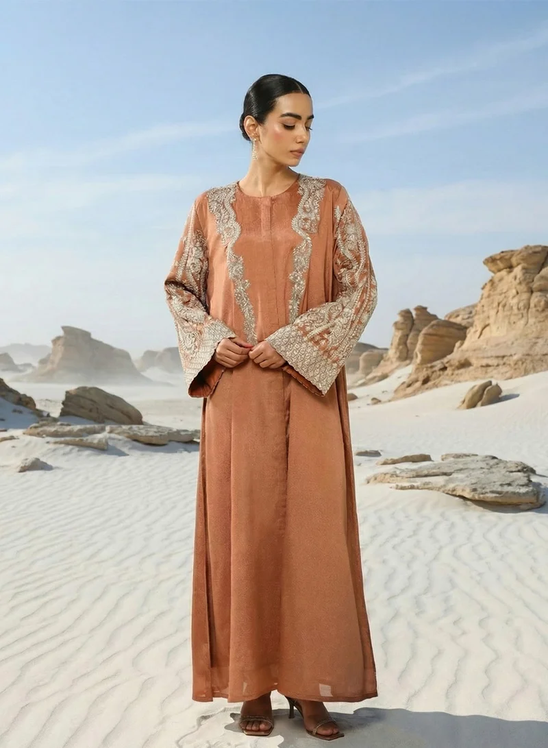 ISHIN  Rich Rust Zari Embroidered Abaya for Women | Best Price UAE